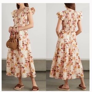SEA New York Esme Floral Smocked Tiered Flutter-Sleeve Midi Dress